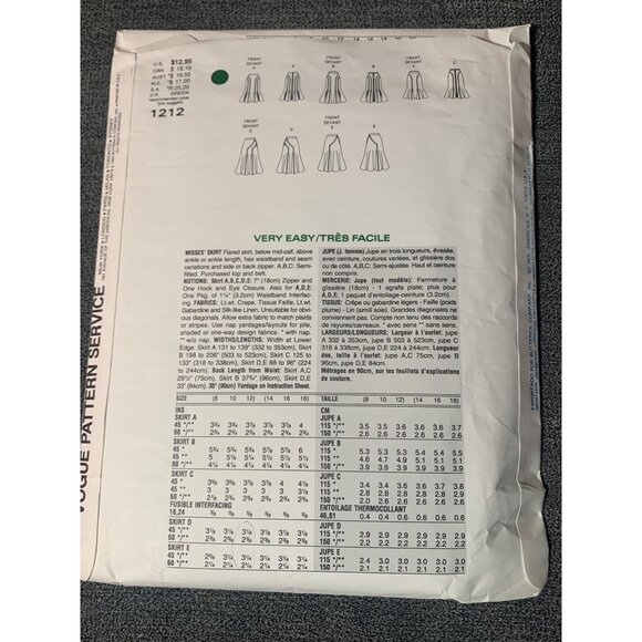 Vogue Basic Design 1212 Misses Flared Skirt Pattern Sizes 8-12 uncut - Picture 2 of 2